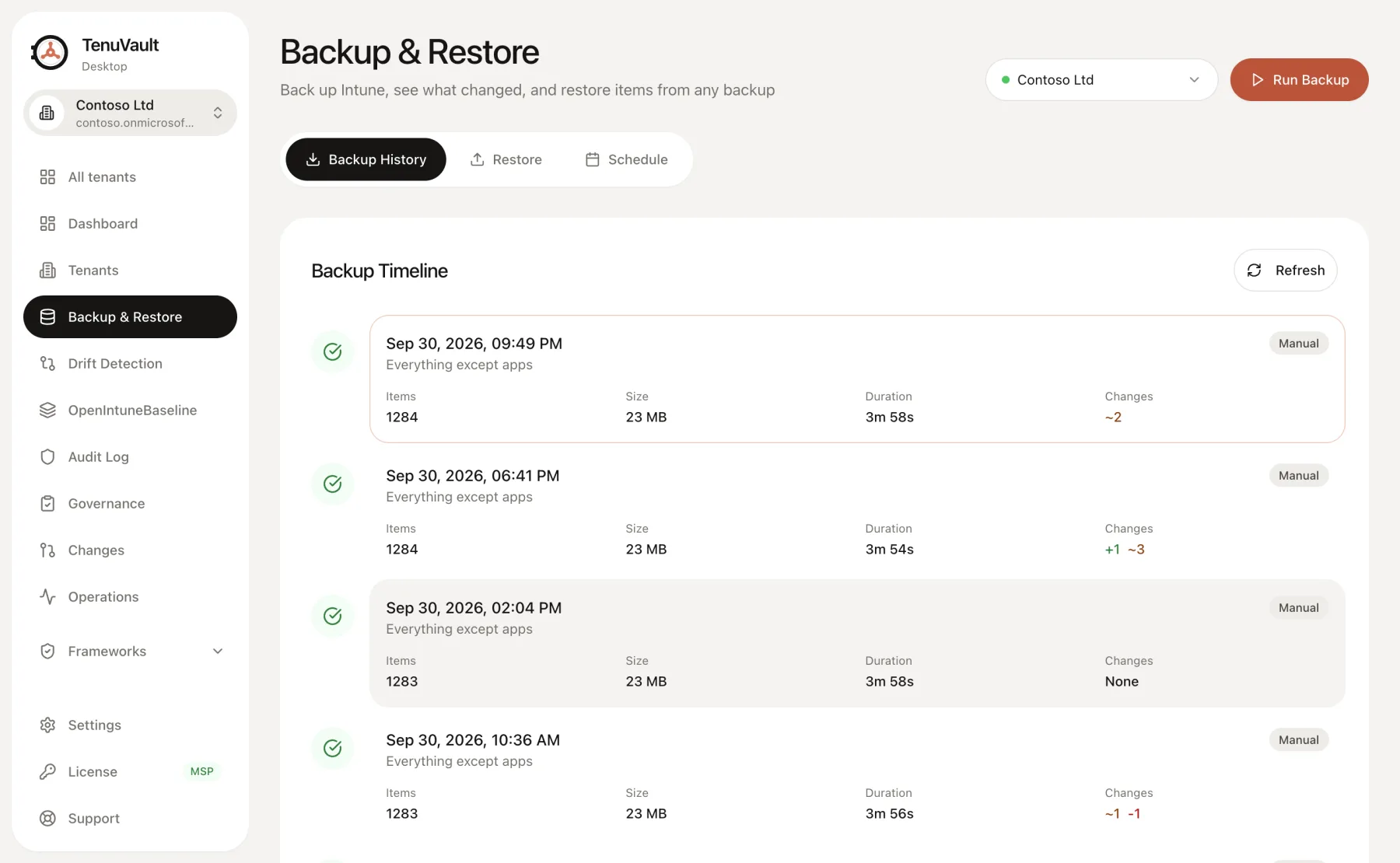 Backup timeline with the Restore tab in TenuVault Desktop