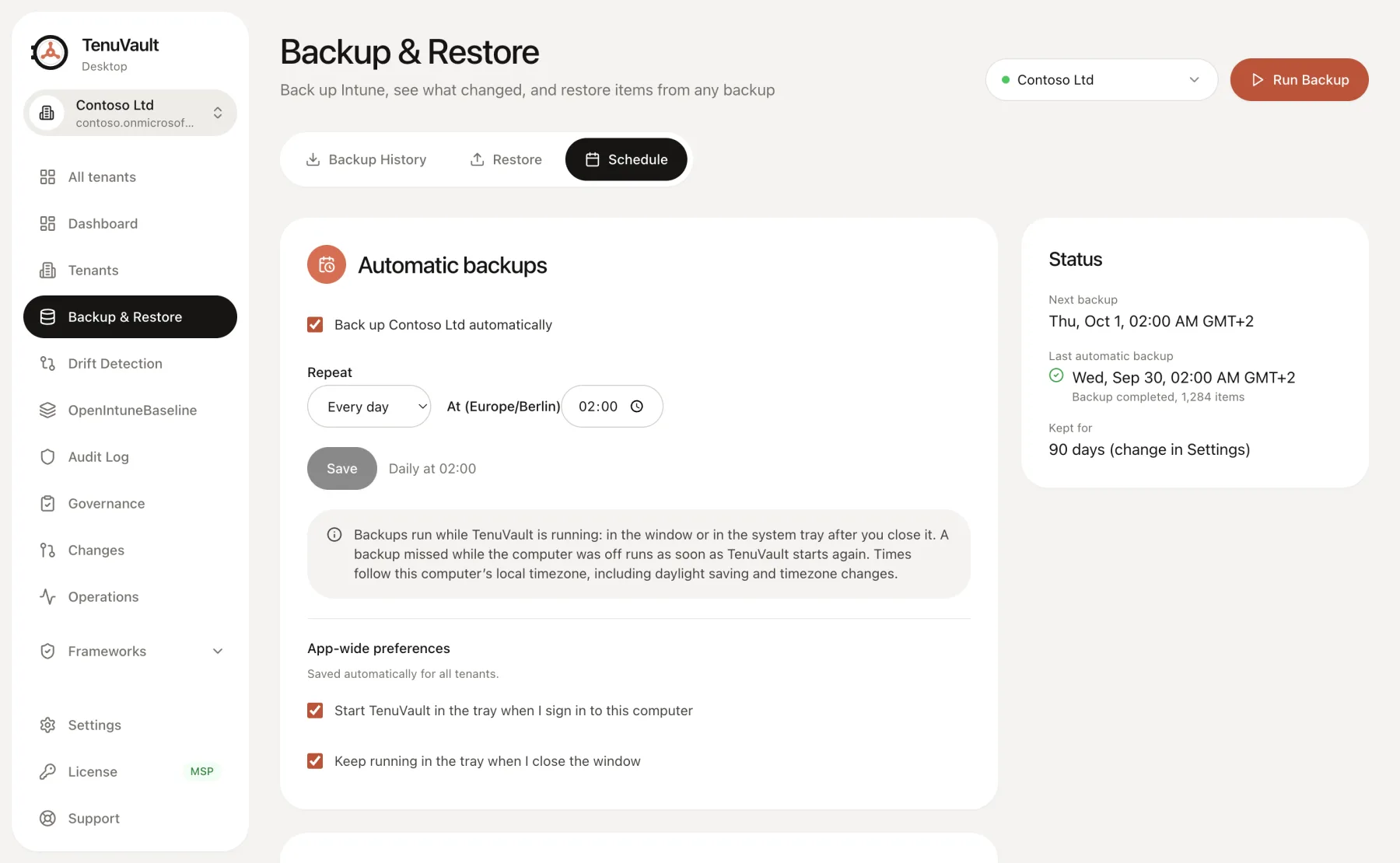 Automatic backup schedule in TenuVault Desktop