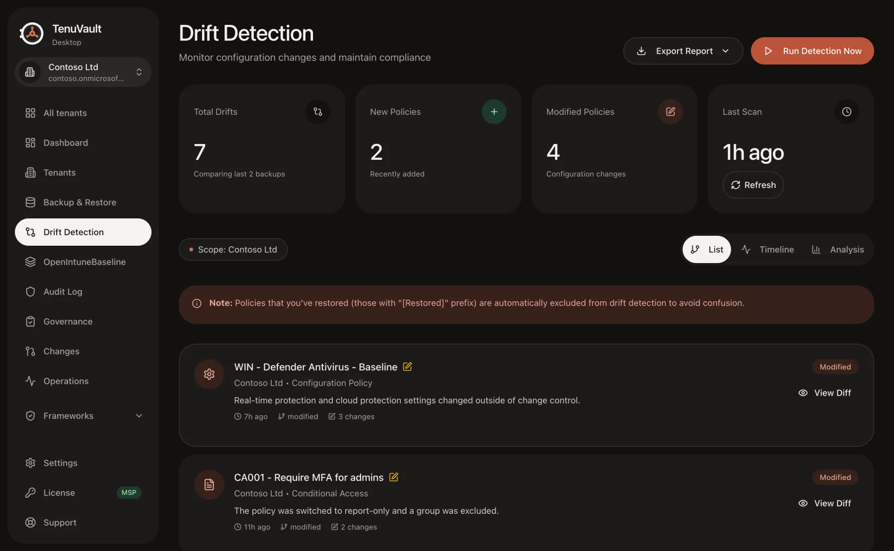 Drift detection comparing the two newest backups