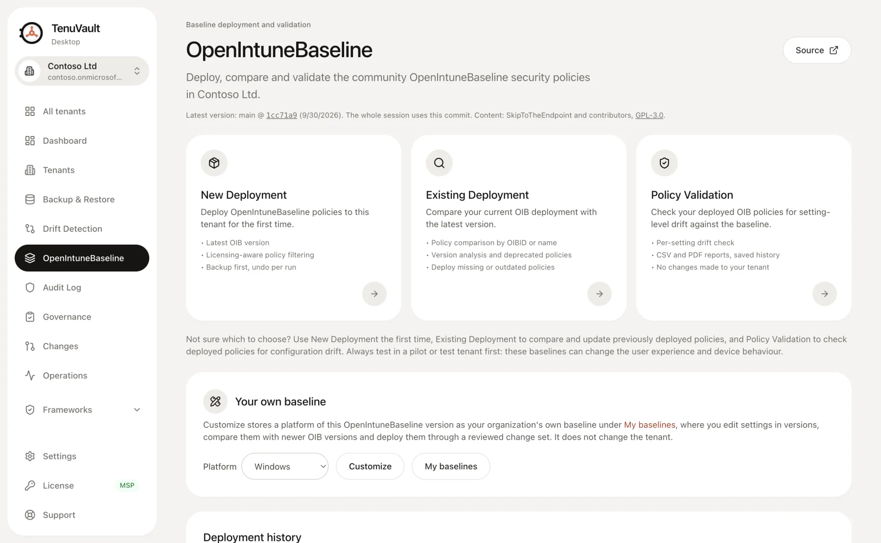 The OpenIntuneBaseline section of TenuVault Desktop with New Deployment, Existing Deployment and Policy Validation